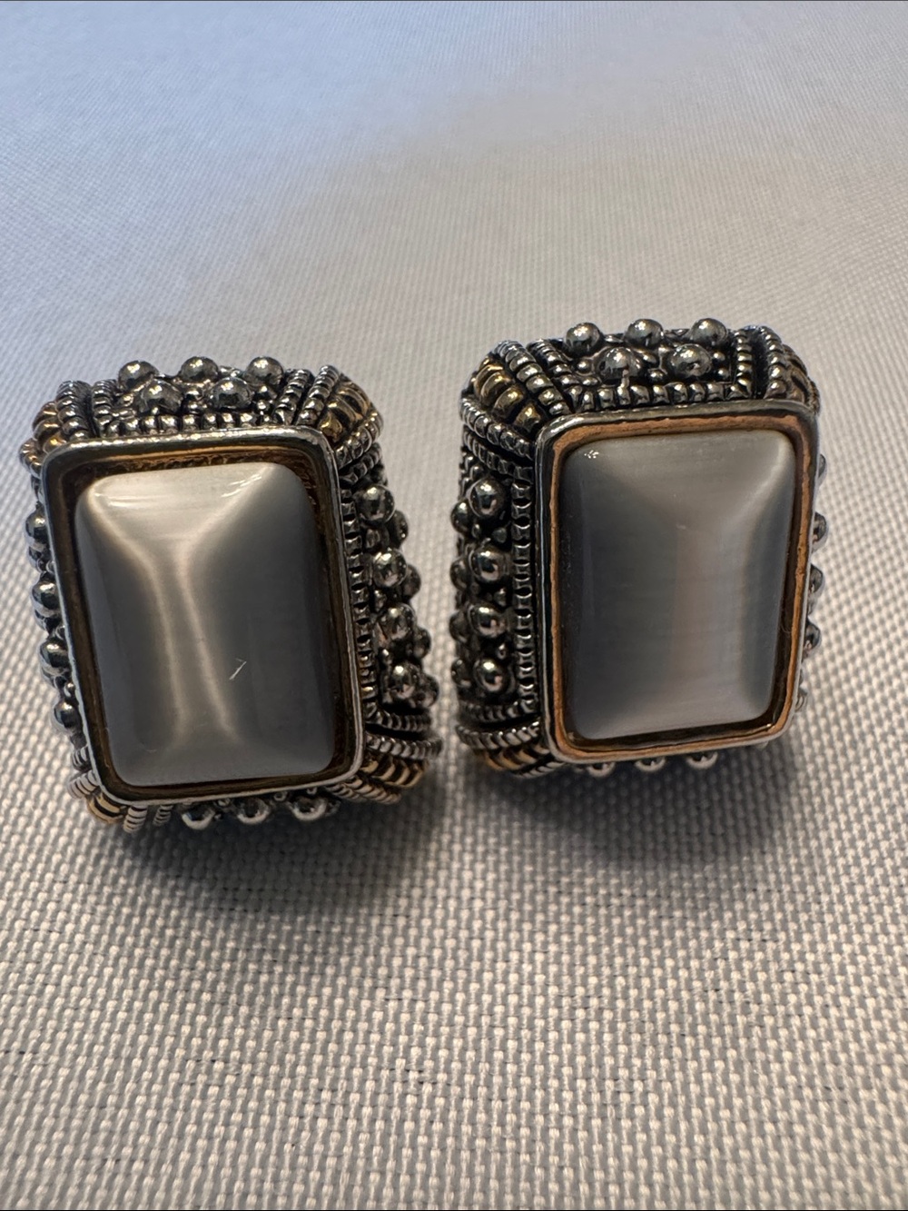 Sterling-Style Silver Two Tone and Gray Statement Clip Earrings